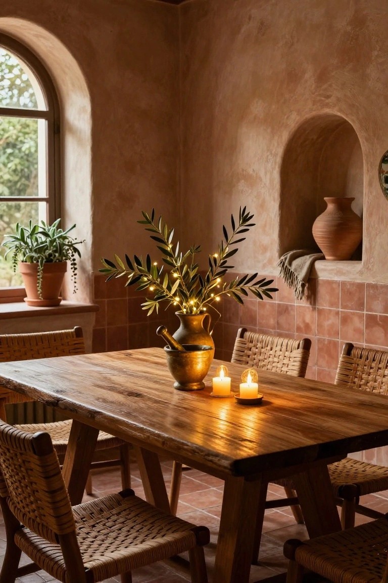 Rustic interior dining area with wooden table, rattan chairs, brass pitcher of olive branches strung with fairy lights, burning candles on coasters, terracotta tiled walls and floor, arched window with plants outside.