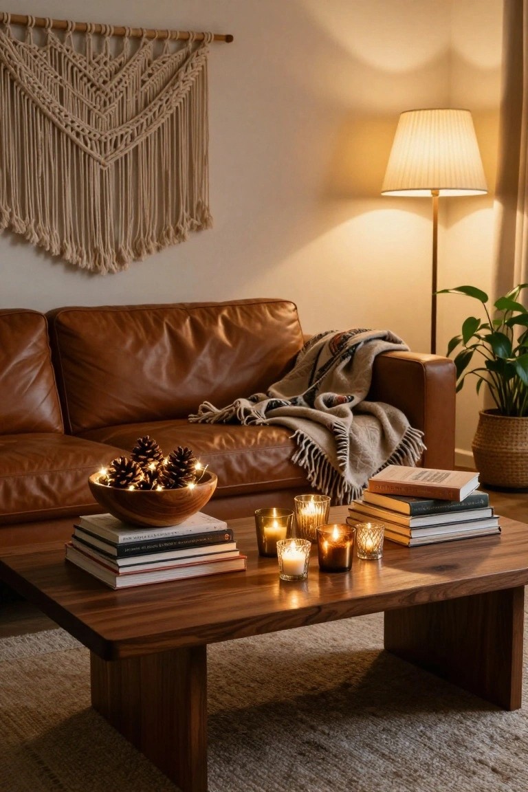 Living room with tan leather sofa draped in a throw blanket, wooden coffee table holding stacked books, glass candles, and a wooden bowl of pinecones with fairy lights, macrame wall hanging, floor lamp, potted plant, and rug.