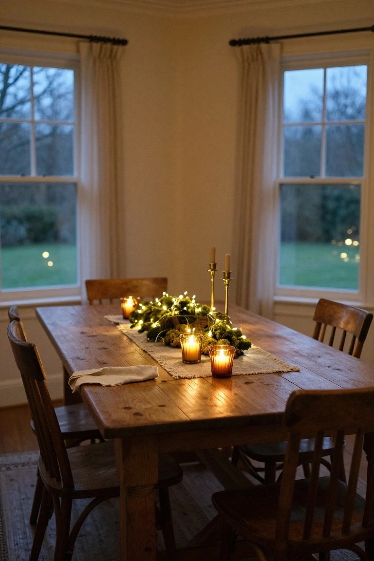 Corner dining area with wooden table centered by green garland and moss runner strung with fairy lights and candles, flanked by wooden chairs, large curtained windows showing lawn and trees at dusk.