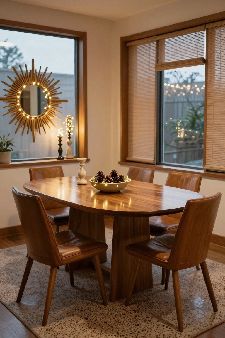 Oval wooden dining table with leather chairs in a cozy room corner, pinecone centerpiece in lit bowl, white candle, sunburst mirror with fairy lights on wall, lit branches, and bamboo blinds on windows.