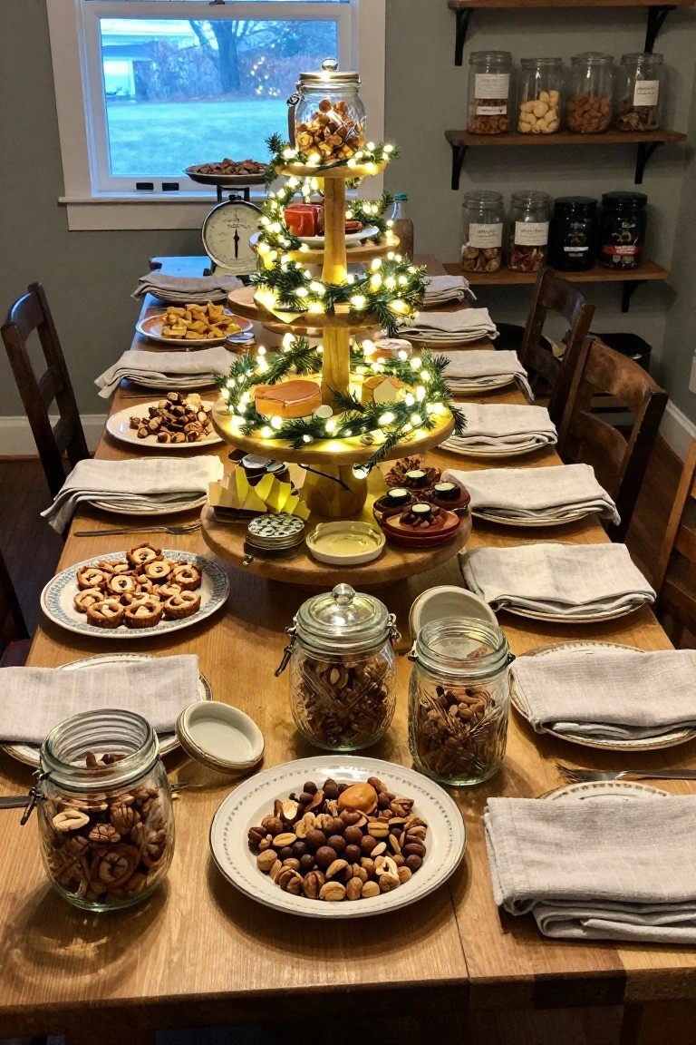 Dining table set with snacks including pretzels, nuts, and cookies in jars, bowls, and plates, centered on a multi-tiered wooden Christmas tree stand lit with fairy lights and decorated with greenery, with linen napkins and wooden chairs in a cozy interior room.