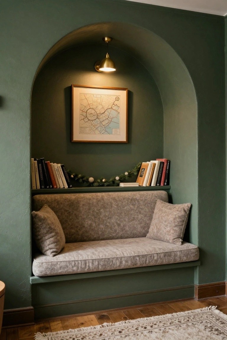 Arched green alcove with built-in bookshelves holding books and garland with white pom-poms, framed map on wall, brass light fixture, and low upholstered bench seat with pillows.