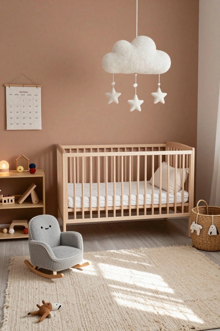 Nursery interior with beige walls, wooden crib with white mattress and pillow, gray knit rocking chair, wooden shelves with toys, white felt cloud mobile with stars hanging from ceiling, beige woven rug, and wicker basket.