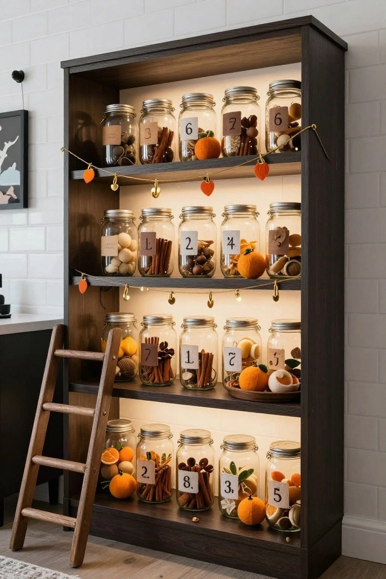 Wooden ladder shelf with back lighting holding rows of glass jars labeled 1 through 8 and filled with wool balls, cinnamon sticks, nuts, oranges, and chocolate treats in a tiled kitchen area.