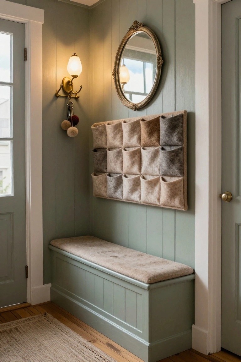 Sage green wood-paneled entryway corner featuring a built-in cushioned bench, wall-mounted grid of beige and gray felt pockets, gold-framed mirror, wall sconce with keys, and two doors.