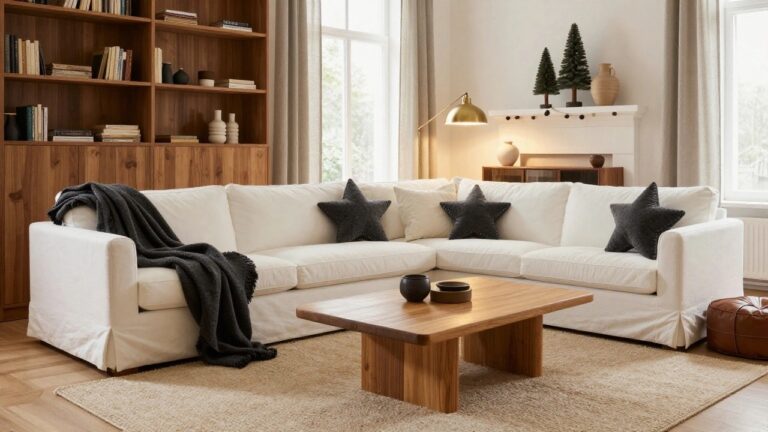 Living room with white sofa, wooden coffee table, beige rug, gold floor lamp, fireplace mantel decorated with gray felt ball garland and small Christmas tree, and various cushions and pillows.