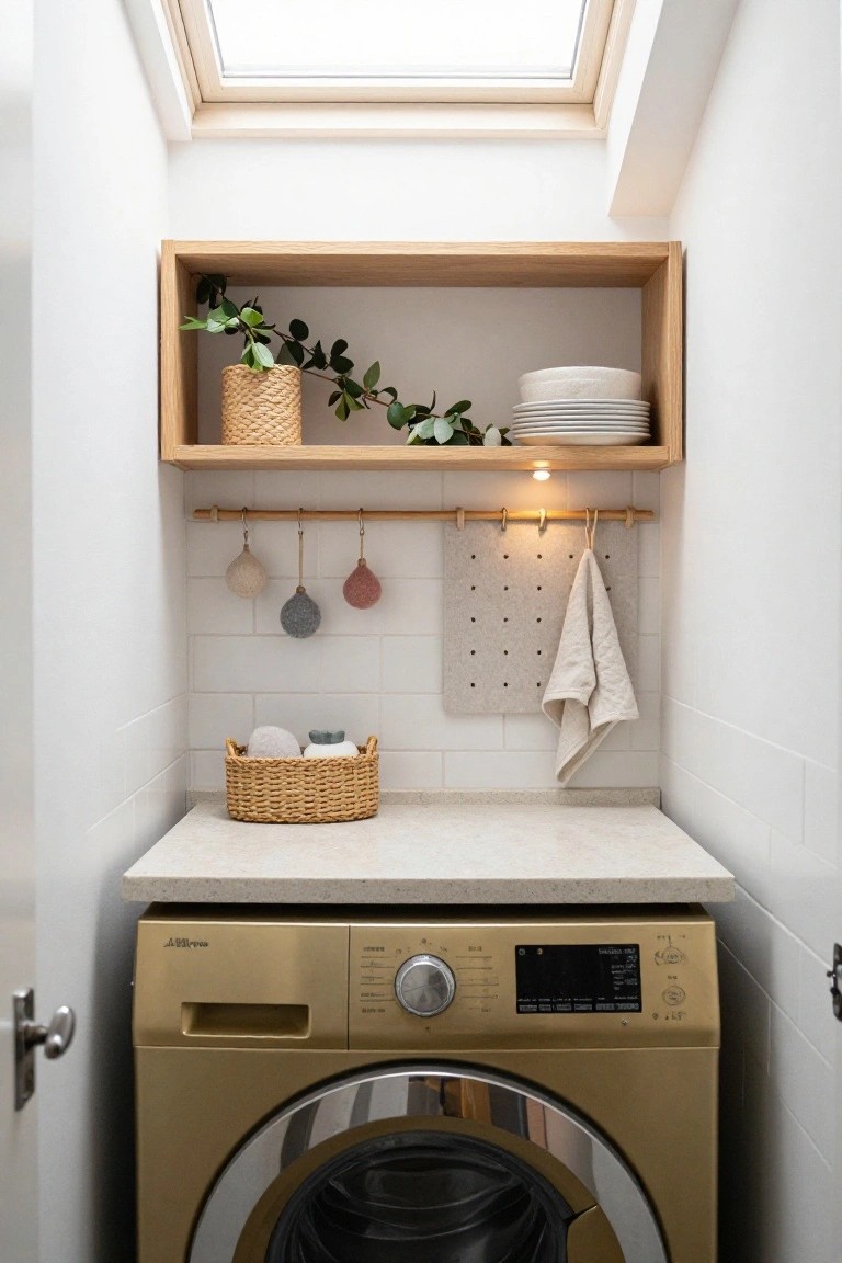 Narrow indoor laundry room with gold washing machine, oak floating shelf holding plants, stacked white plates, and a woven basket, wooden rod hanging three felt balls in beige and pink, pegboard with towels, white subway tile walls, and countertop with woven basket containing white items.