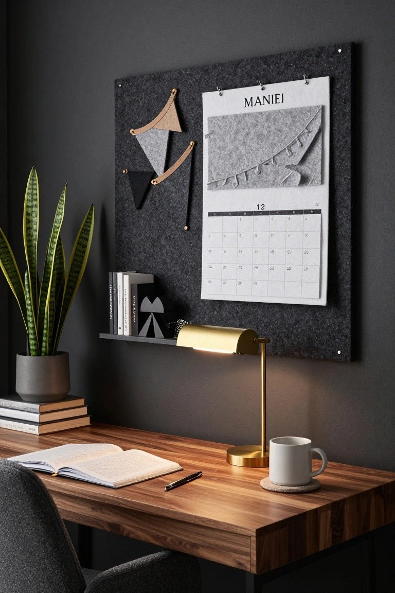 Gray felt bulletin board on dark wall with pinned white paper calendar labeled MANIEJ for December, felt and wooden triangles attached, wooden shelf holding books, desk with open book pen mug lamp, potted snake plant, and gray chair below.