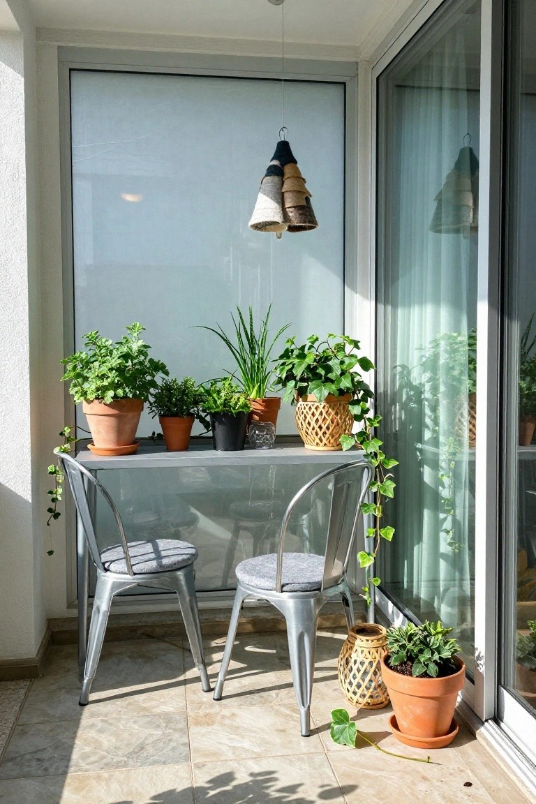 Balcony with small metal table and two chairs surrounded by potted plants including ivy and herbs, a hanging pendant light of stacked felt cones above the table, and large glass doors nearby.