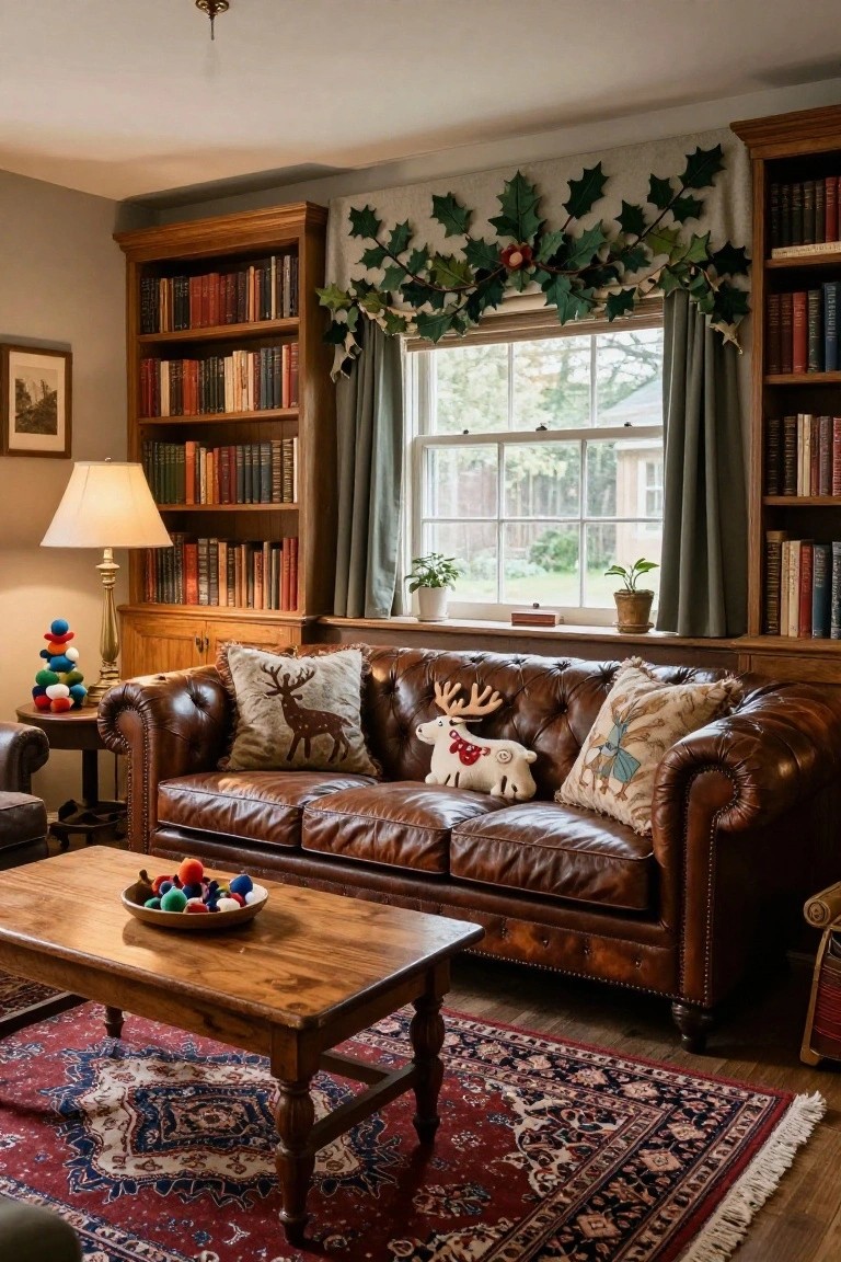 Cozy library interior with wooden bookshelves filled with books, brown leather sofa with plush felt animal pillows, wooden coffee table holding a bowl of colorful felt balls, brass lamp topped with stacked felt balls, and green felt holly garland draped above a large window.