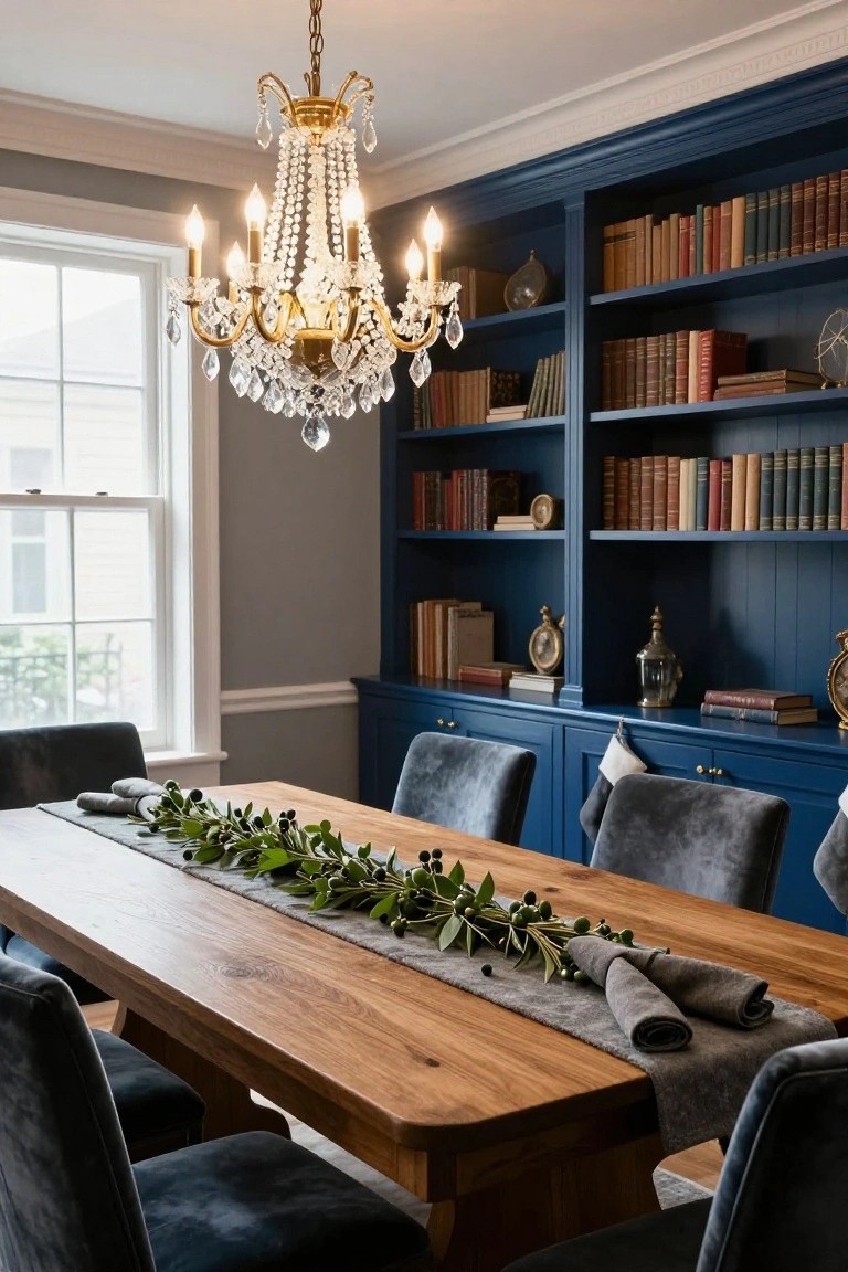 Dining room featuring navy blue built-in bookshelves filled with books and decor, a crystal chandelier, wooden table with gray runner, olive branches, and rolled gray napkins, gray velvet chairs, and a window.