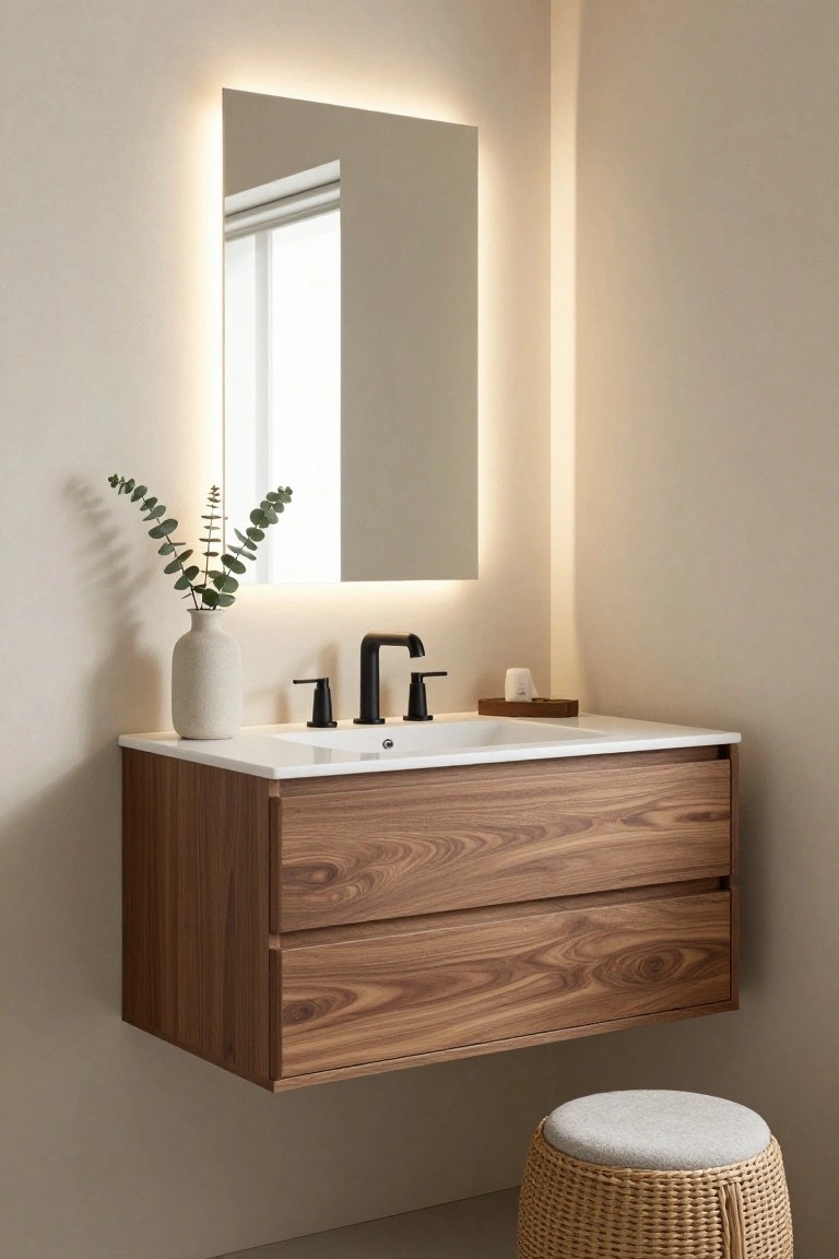Modern bathroom with floating walnut wood vanity, white sink, black faucet, backlit rectangular mirror, eucalyptus in beige vase, small white soap dish on wooden tray, and gray fabric-topped woven rattan stool on tiled floor.