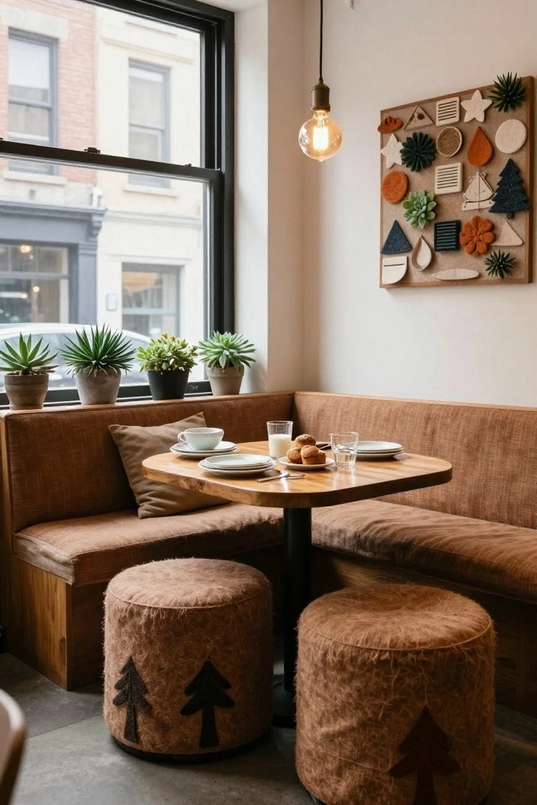 Corner booth in a cafe with tan fabric bench seating, round wooden table set with white plates, pastries, milk glass, and water glasses, two fuzzy tan poufs with black tree embroidery underneath, potted plants on windowsill, and assorted wall art.