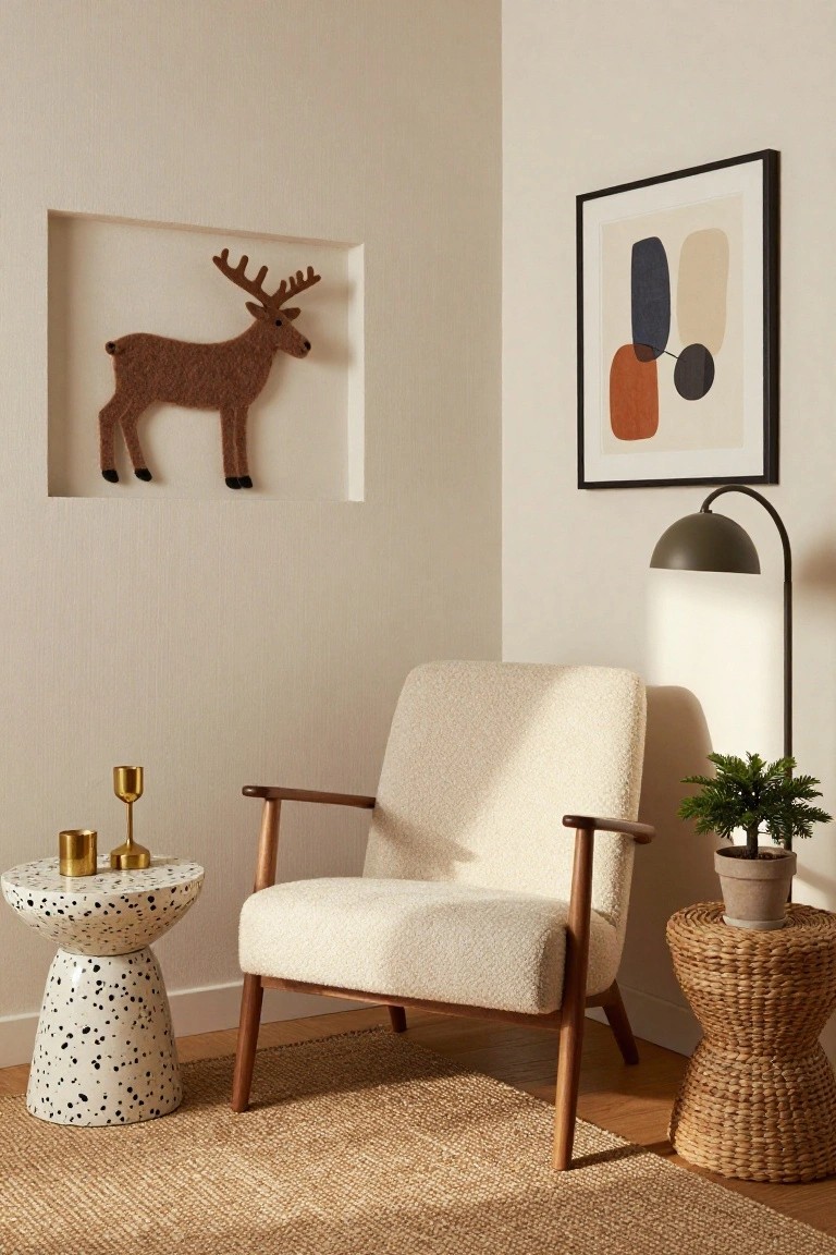 Corner of a light beige room with a cream bouclé armchair, polka-dot side table with gold candlesticks, rattan stool with potted plant, arched floor lamp, abstract wall art, and brown felt reindeer silhouette in a wall niche over a jute rug.
