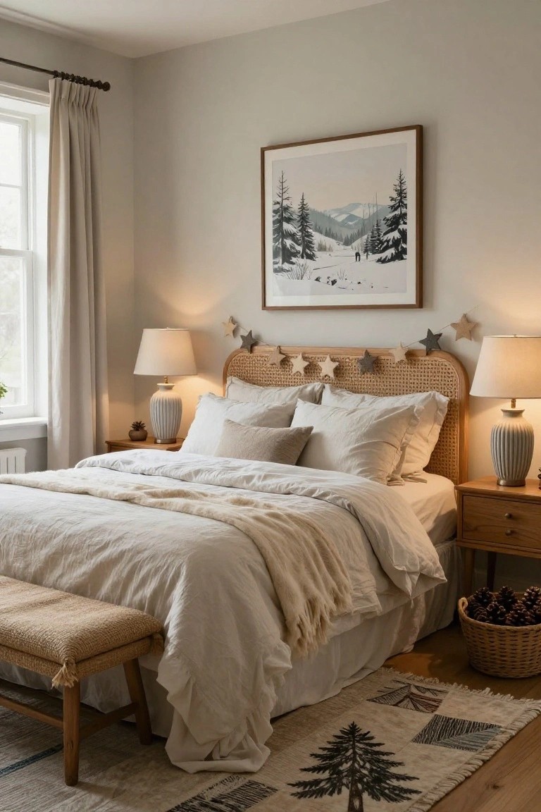 Bedroom interior featuring a rattan headboard with draped felt star garlands, neutral white linens on the bed, ceramic lamps on wooden nightstands, a large framed winter mountain print on the wall, a bench at the foot of the bed, and pine cones in a basket.