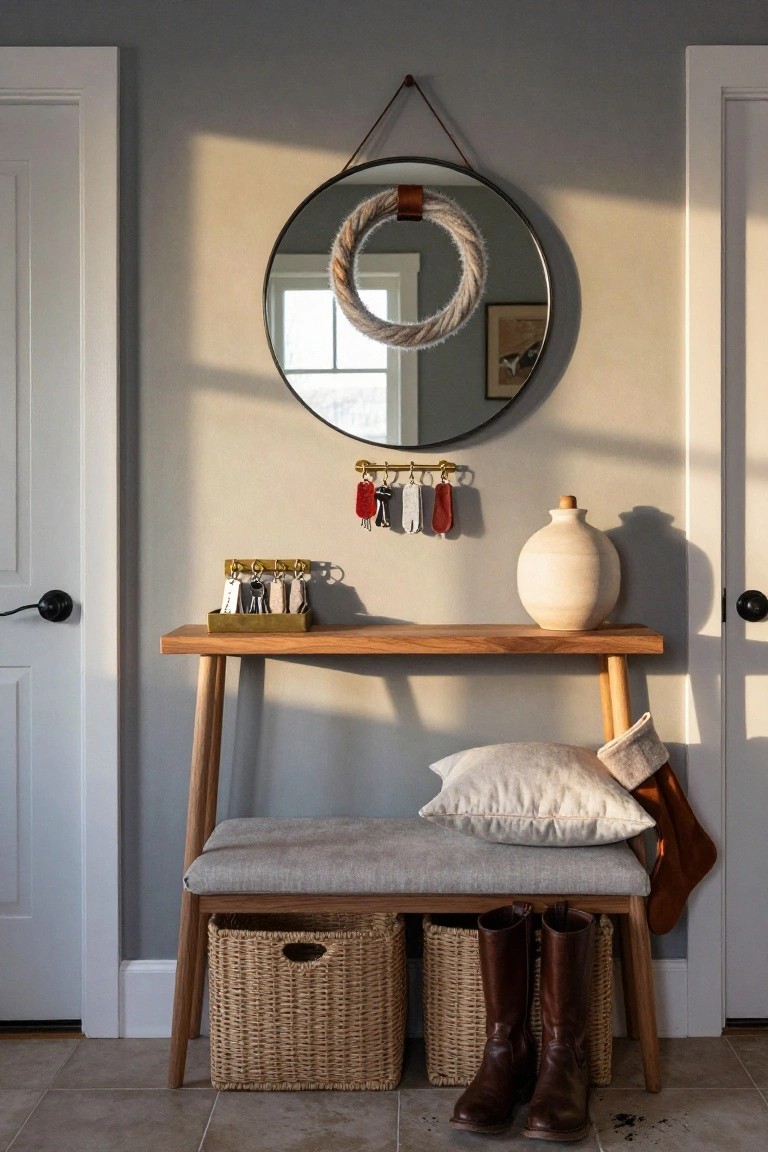 Entryway with wooden console table and bench, round mirror with fuzzy rope wreath, key rack, ceramic vase, wicker baskets under bench, brown leather boots on floor, and red and tan stockings draped on bench.