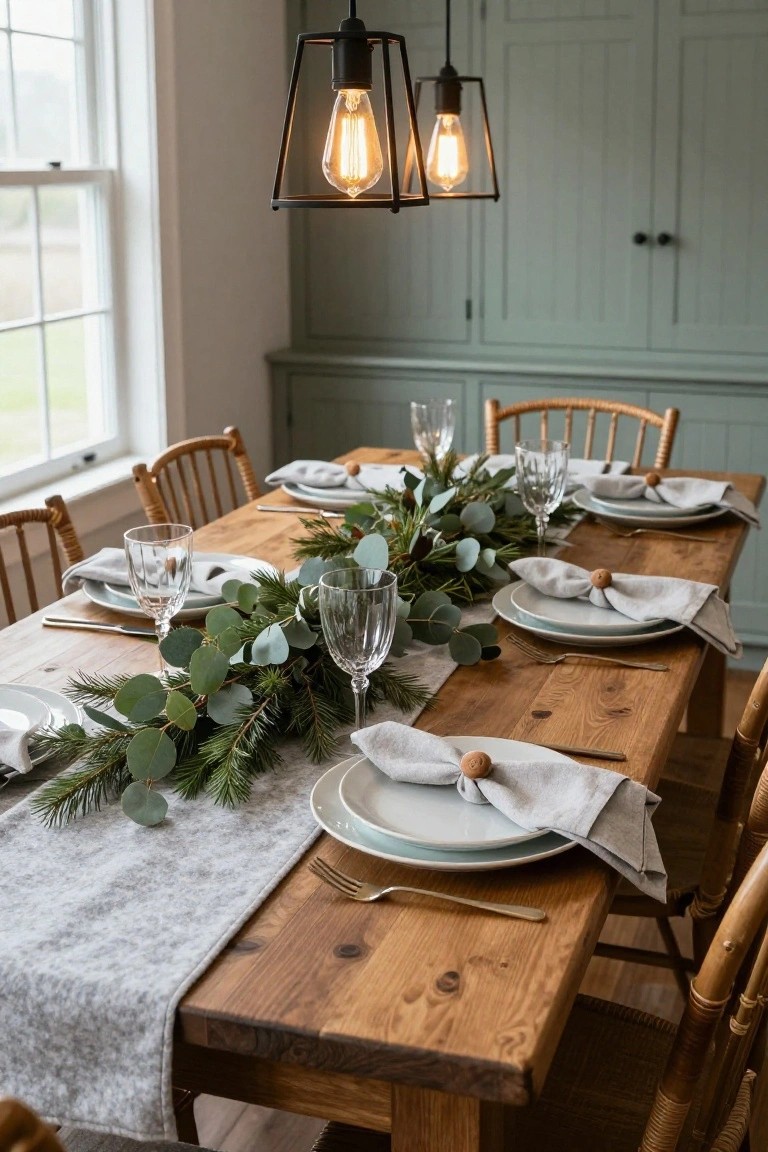 Wooden dining table in a light-filled room set for Christmas dinner with a gray felt runner down the center, eucalyptus and pine garland centerpiece, white plates with gray napkins, glassware, flatware, and rattan chairs around it.