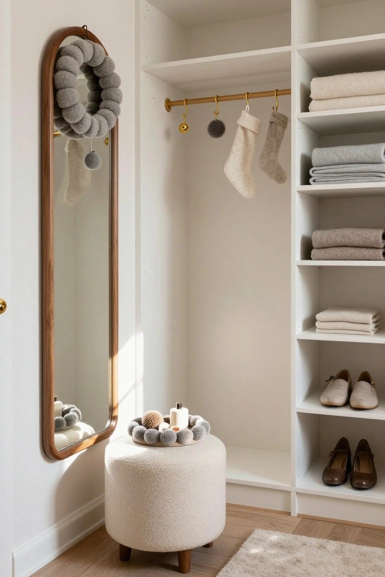 Arched full-length wood mirror with gray felt pom-pom wreath hanging from the top inside a white open closet featuring shelves of folded linens, brass hanging rod with two Christmas stockings, cream upholstered stool with felt balls and candles, and pairs of shoes on lower shelves.