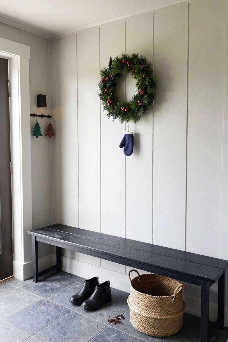 Entryway corner with light gray shiplap walls, Christmas wreath, small speaker, hanging green and brown felt Christmas tree ornaments and blue felt mitten from a black hook, black wooden bench with seagrass basket underneath, and black boots on gray slate tile floor.