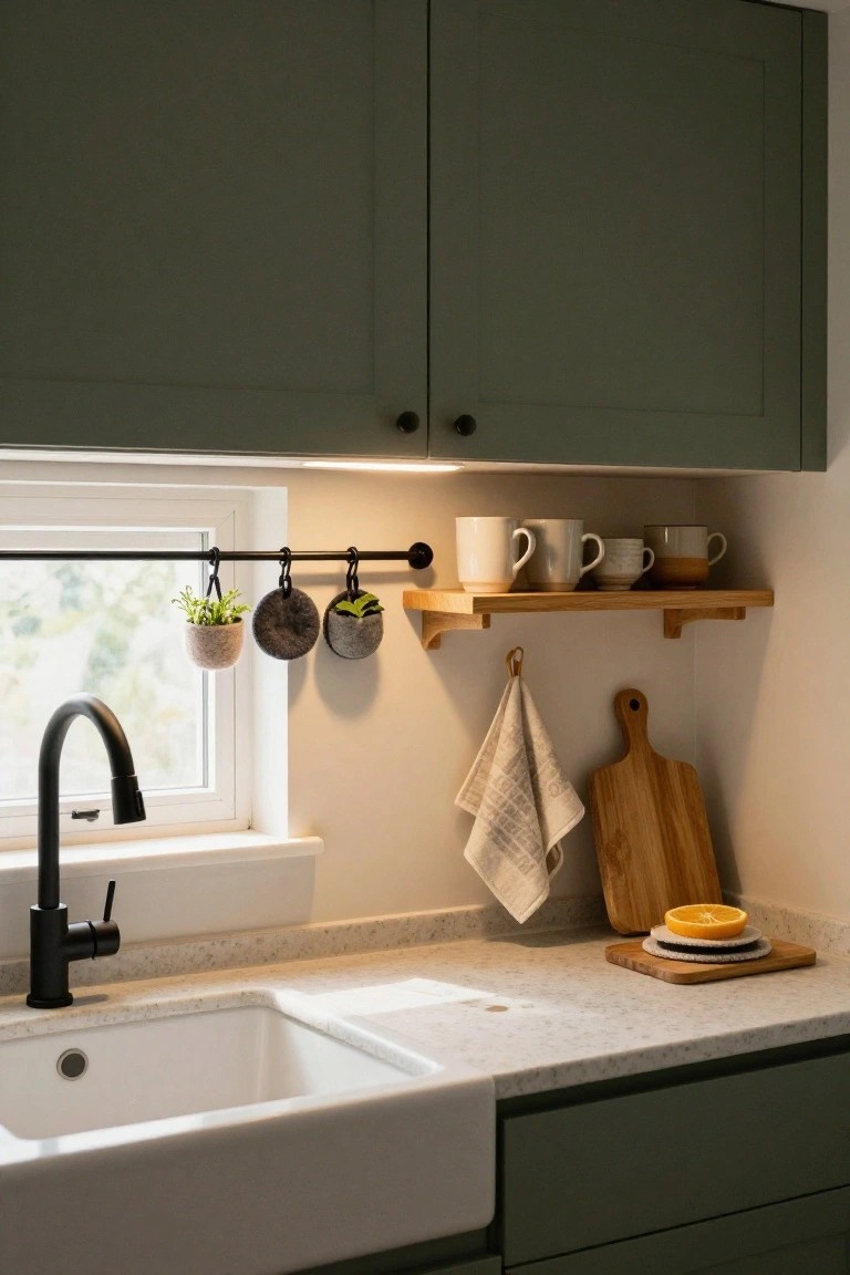 Kitchen sink area featuring green cabinets, white farmhouse sink with black faucet, window with black bar holding two hanging felt pots containing plants, wooden shelf with white and beige mugs above, tea towel, bamboo cutting board, and orange slices on light gray countertop.
