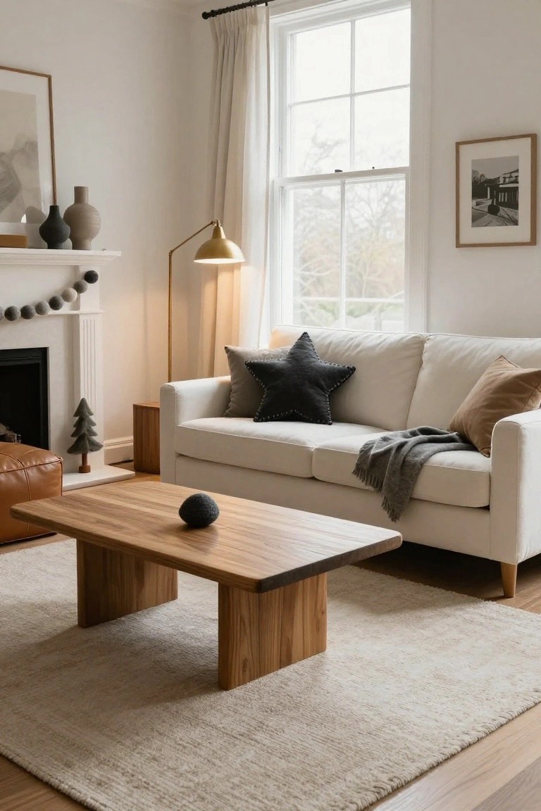Living room with white sofa, wooden coffee table, beige rug, gold floor lamp, fireplace mantel decorated with gray felt ball garland and small Christmas tree, and various cushions and pillows.