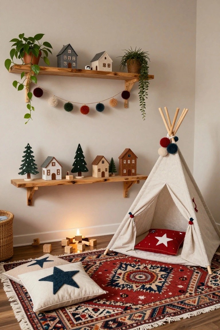 Indoor room corner with wooden shelves holding small felt Christmas houses and trees, plants, and pom pom garland above a white canvas teepee tent with red star pillow on a red patterned rug, wooden blocks, and candle nearby.