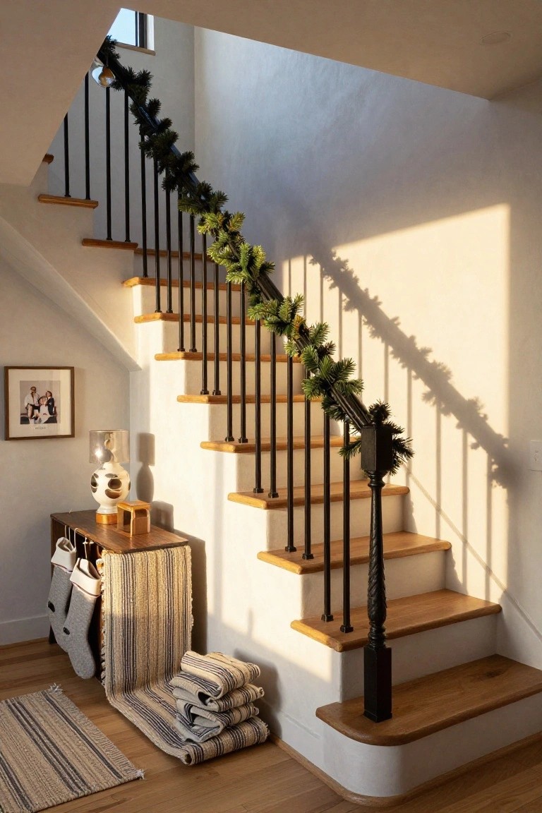 Wooden staircase with black wrought-iron railing wrapped in evergreen garland, several gray knit Christmas stockings hanging from a wooden console rack at the base, rolled striped fabric nearby, and soft sunlight casting shadows on white walls.