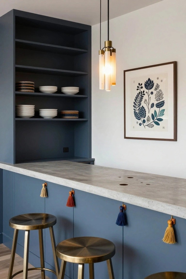 Kitchen bar with navy blue lower cabinets and open upper shelving displaying stacked white plates and woven items, brass bar stools, colorful tassels hanging from the bar front edge, concrete countertop, and a multi-shade pendant light nearby.