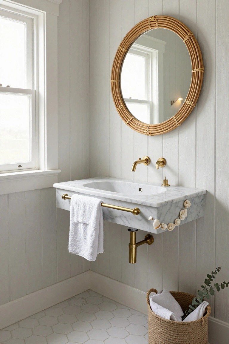 White shiplap-walled bathroom with a round rattan mirror, floating white marble sink with gold faucet and towel bar holding white towels, shell garland on sink apron, gold drain pipe, wicker basket with towels and eucalyptus on hexagonal white tile floor.