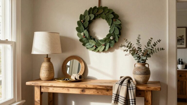Entryway with navy front door, round black-framed mirror hanging a black felt star wreath with bow, wooden bench holding folded blankets shoes and seagrass basket, ceramic lamp on white subway tile wall, brass hook rail.