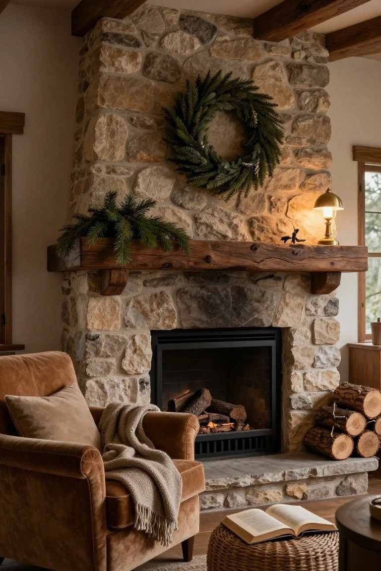 A wreath of red felt apples and green leaves hangs on a cream-colored cushioned window bench next to a round wooden table holding a white teapot, gold bowl on a woven mat, and an open book, with a plaid pillow on the bench and large windows showing a blue sky.
