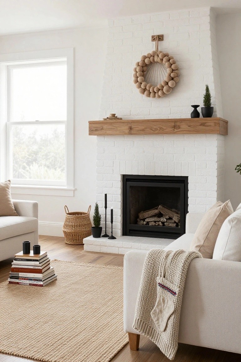 Living room corner featuring a marble fireplace with firewood inside, a wreath of assorted felt balls and berries hanging above the mantel between two brass candlesticks, a beige sofa with pillows and throw nearby, and a light rug on the wood floor.