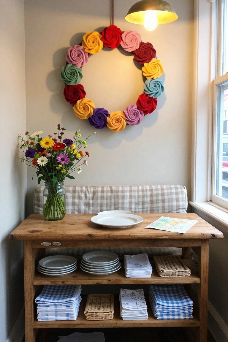 Wooden bookshelf with books on multiple shelves, a framed line drawing, ceramic vases, a white star-patterned felt wreath with candle on middle shelf, and woven basket on floor in front.