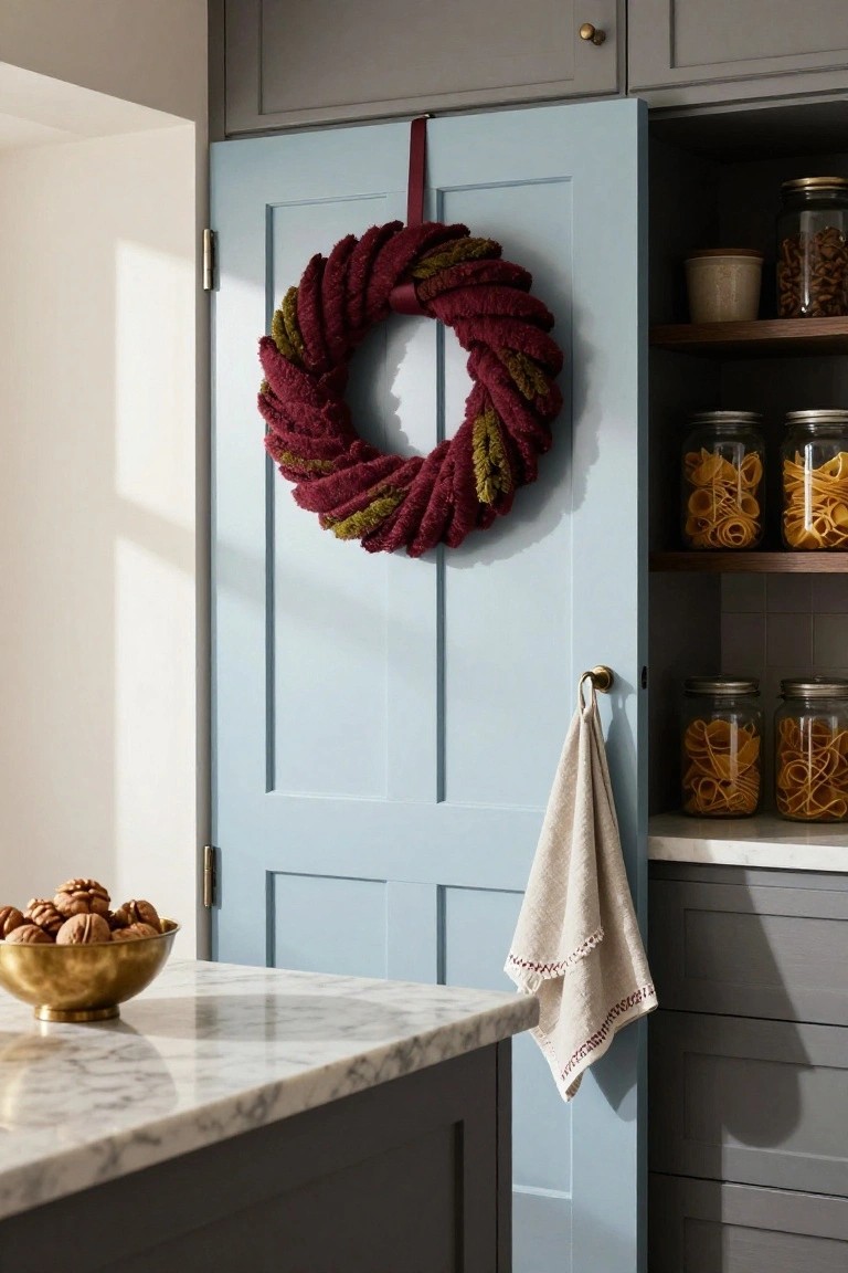 A large wreath of red and white poinsettia leaves hangs on a light gray wall above a black wood dining table with beige tufted chairs, two black candlesticks, plates, and a potted olive tree in the corner of a room with crown molding and hardwood floors.