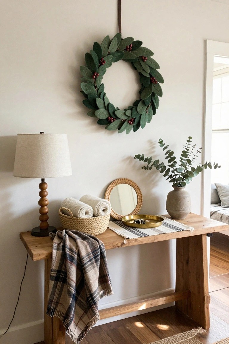 Entryway with navy front door, round black-framed mirror hanging a black felt star wreath with bow, wooden bench holding folded blankets shoes and seagrass basket, ceramic lamp on white subway tile wall, brass hook rail.