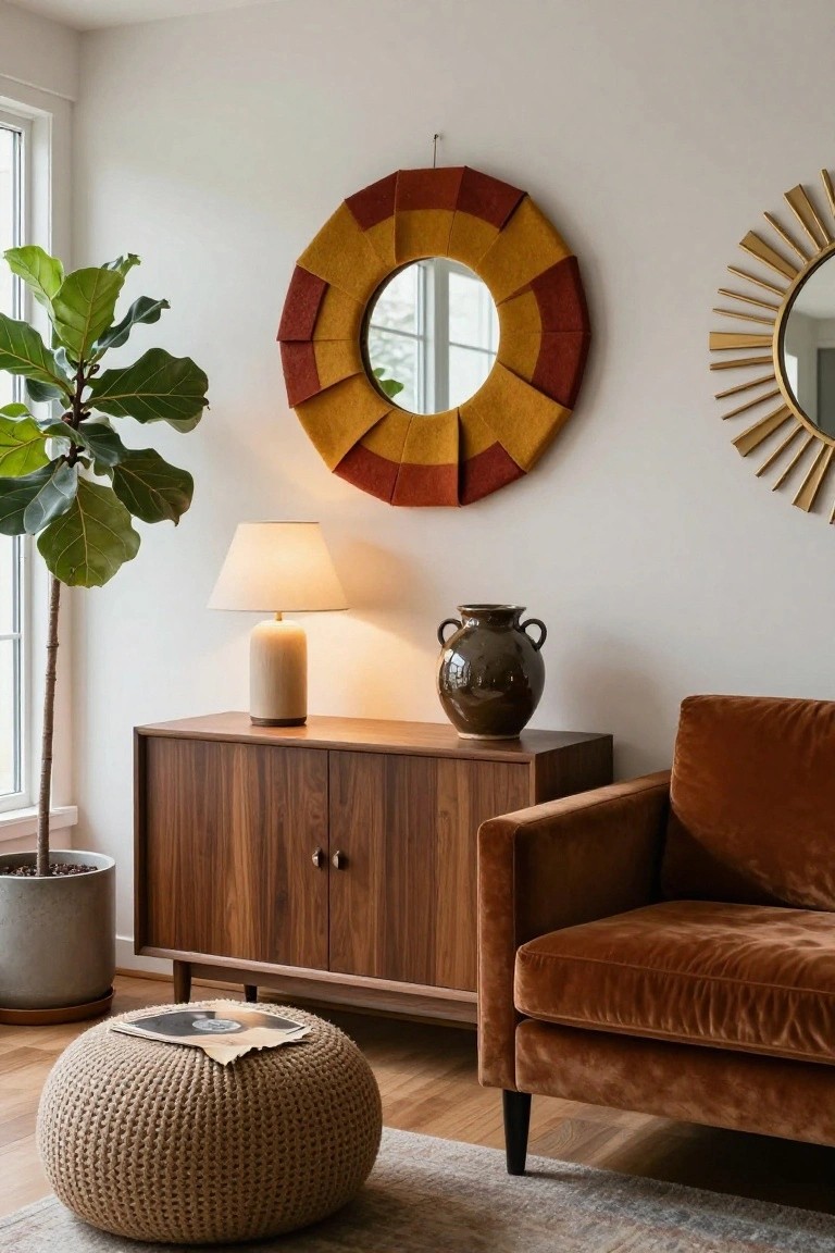 Colorful patchwork felt dog head mounted on wooden pegboard wall in children's playroom with wooden shelves of toys, stacking blocks, small round table, four chairs, and beige woven rug on light wood floor.