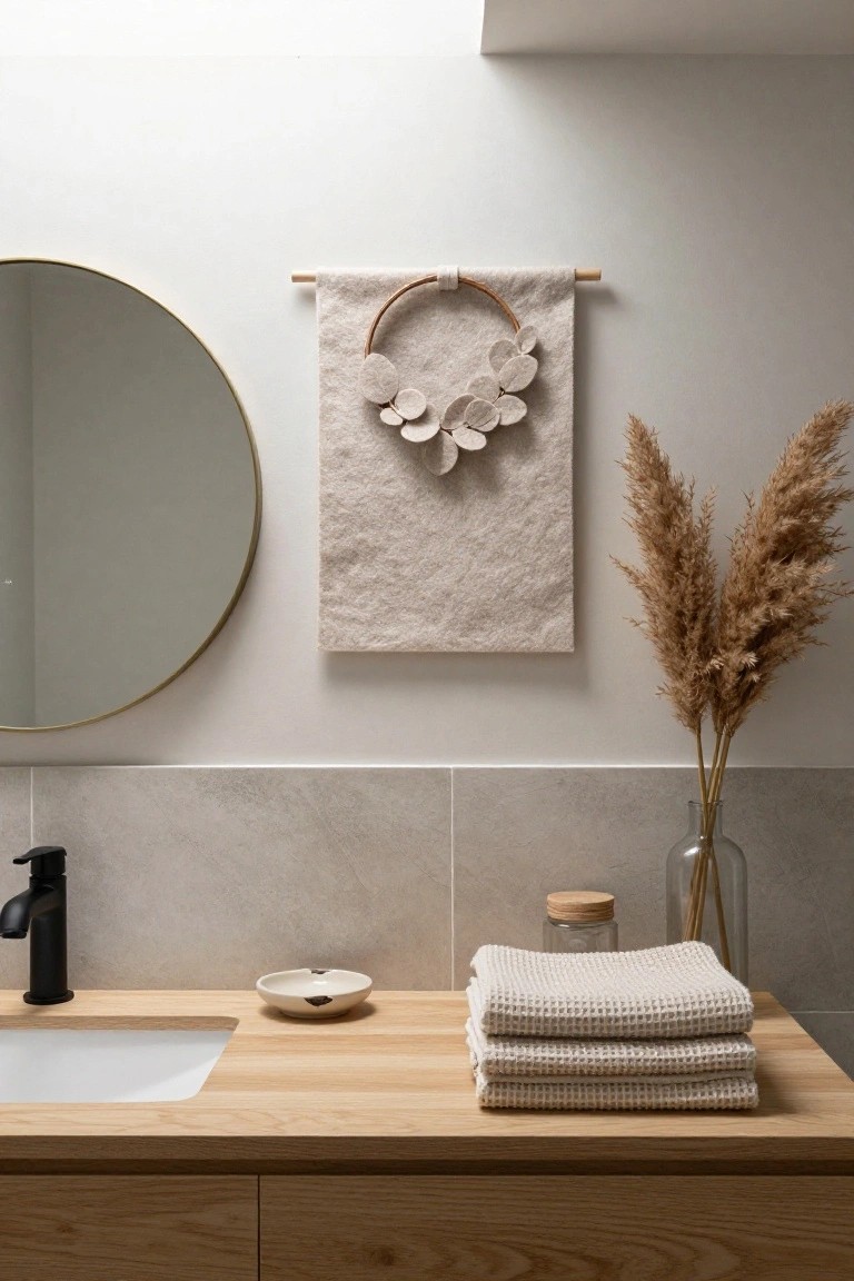 Gray felt wreath with pearl beads encircles a round mirror on a light gray wall above a black console table holding a white candle, ceramic vase, and brass keys, with a wicker stool nearby in an indoor entryway.