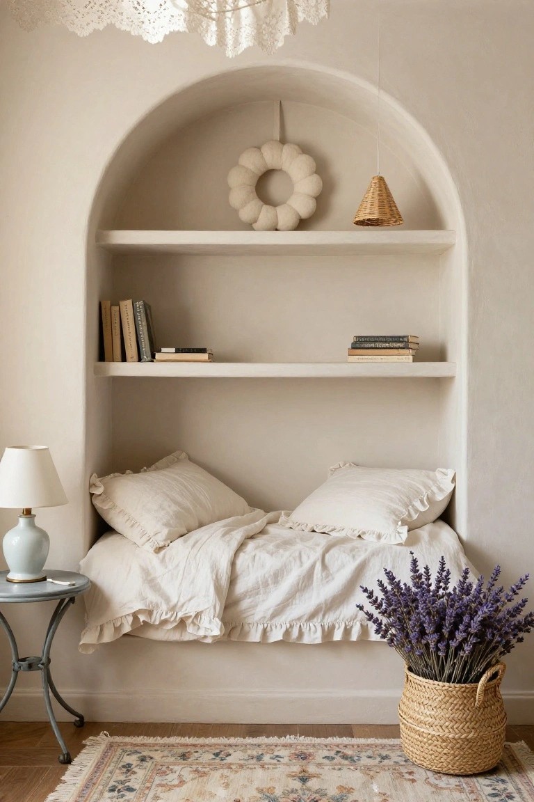 Minimalist bathroom corner with white walls, round black-framed mirror, floating white sink with black wall-mounted faucet, soap bars in a dish, folded white towels, and black-and-white circular felt wreath hanging from a cord nearby.