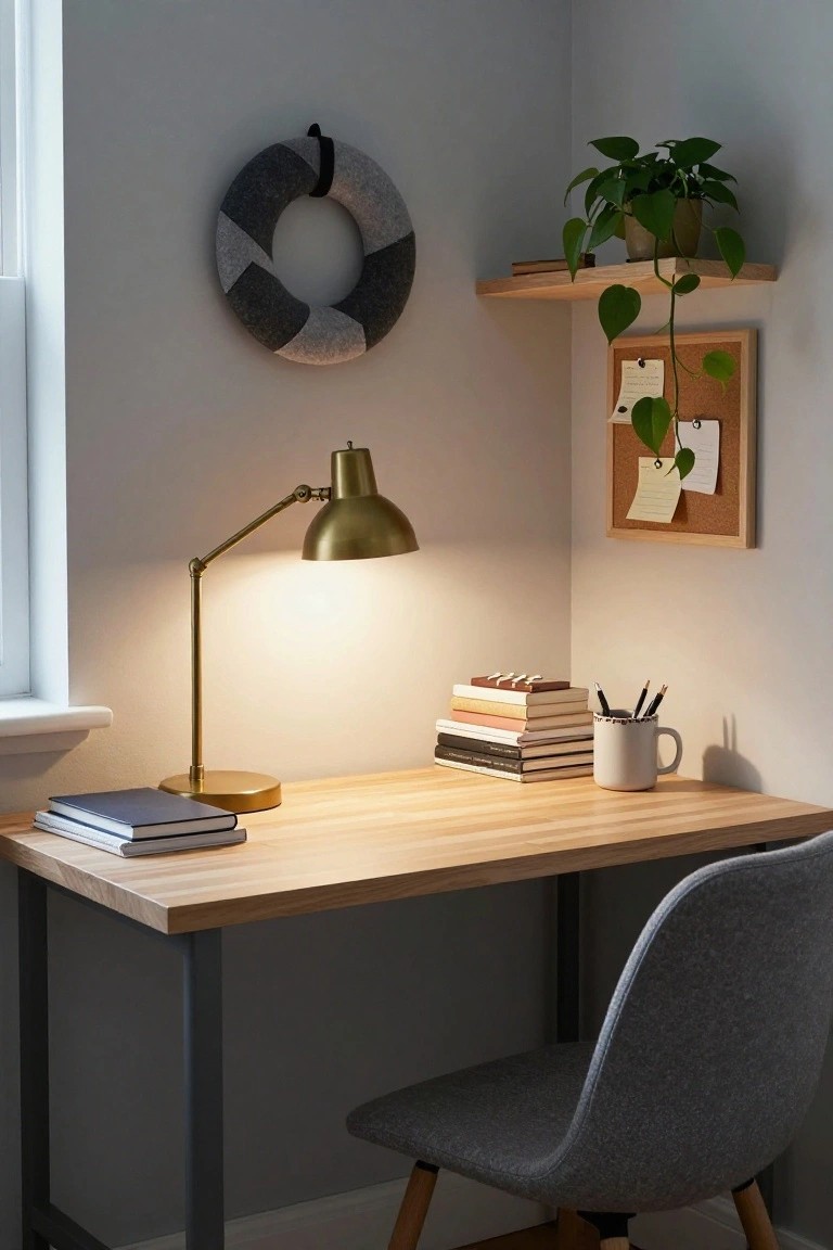 Home office corner with wooden desk holding closed laptop and mouse, rattan chair, desk lamp, potted ivy, bookshelves stocked with books and ceramics, and corkboard above desk with multicolored felt petal wreath and letter pins.