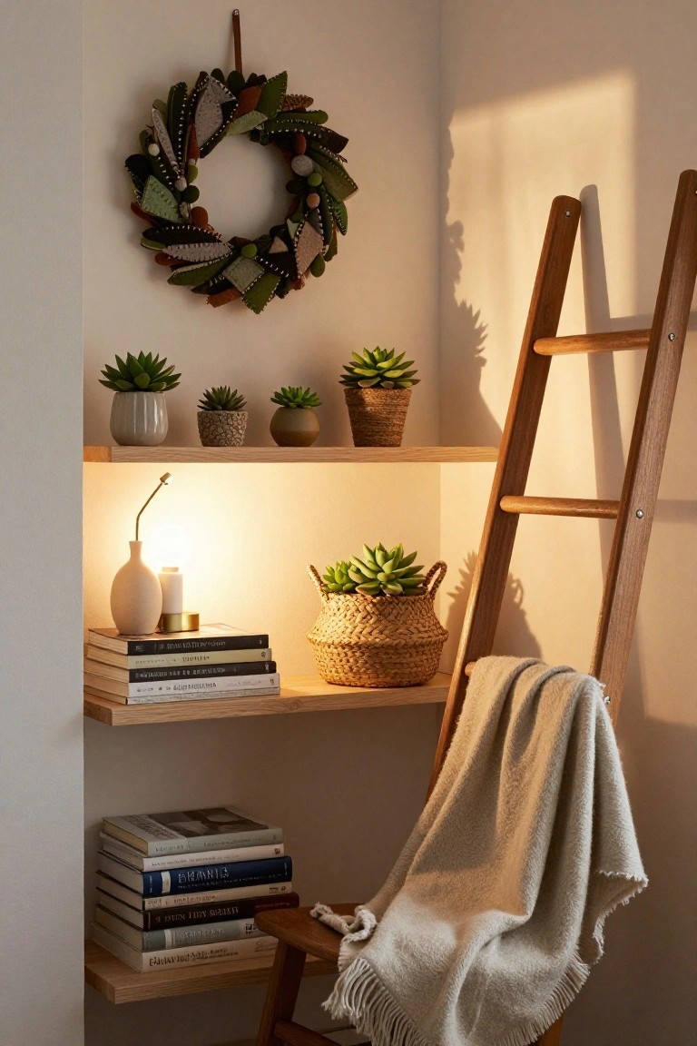 A sewing room with light gray walls, wooden shelves holding jars of buttons and beads, a white sewing machine on a wooden desk, a desk lamp, and a large octagonal beige felt wreath with tagged sections hanging on the wall.
