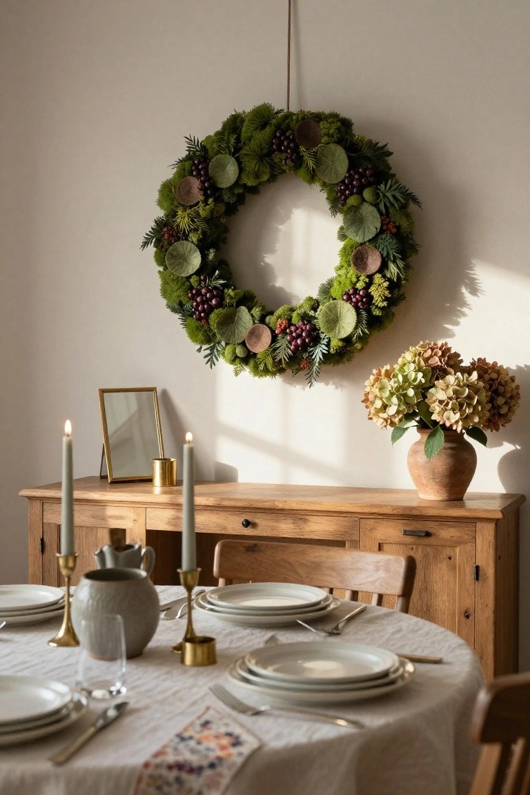 Christmas wreath made of pine branches, acorns, and orange berries with an integrated glowing light bulb hanging on a white wall above a wooden sideboard holding stacked white plates, next to a wooden dining table with white chairs in a room with a window.