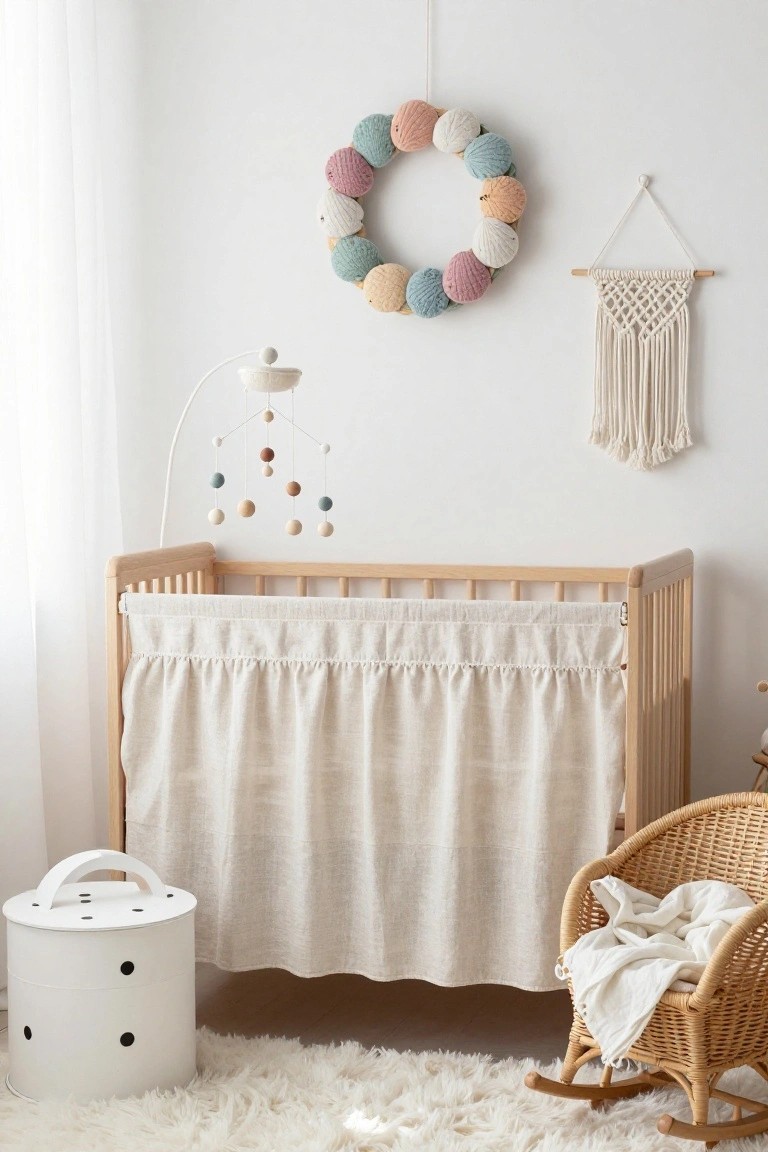 Bedroom interior featuring a wooden panel bed with white linen bedding, a large beige felt petal wreath in a white frame on the wall above the bed, built-in shelves stocked with folded beige towels, wall sconces, a nightstand with a potted plant, and a window with cream curtains.