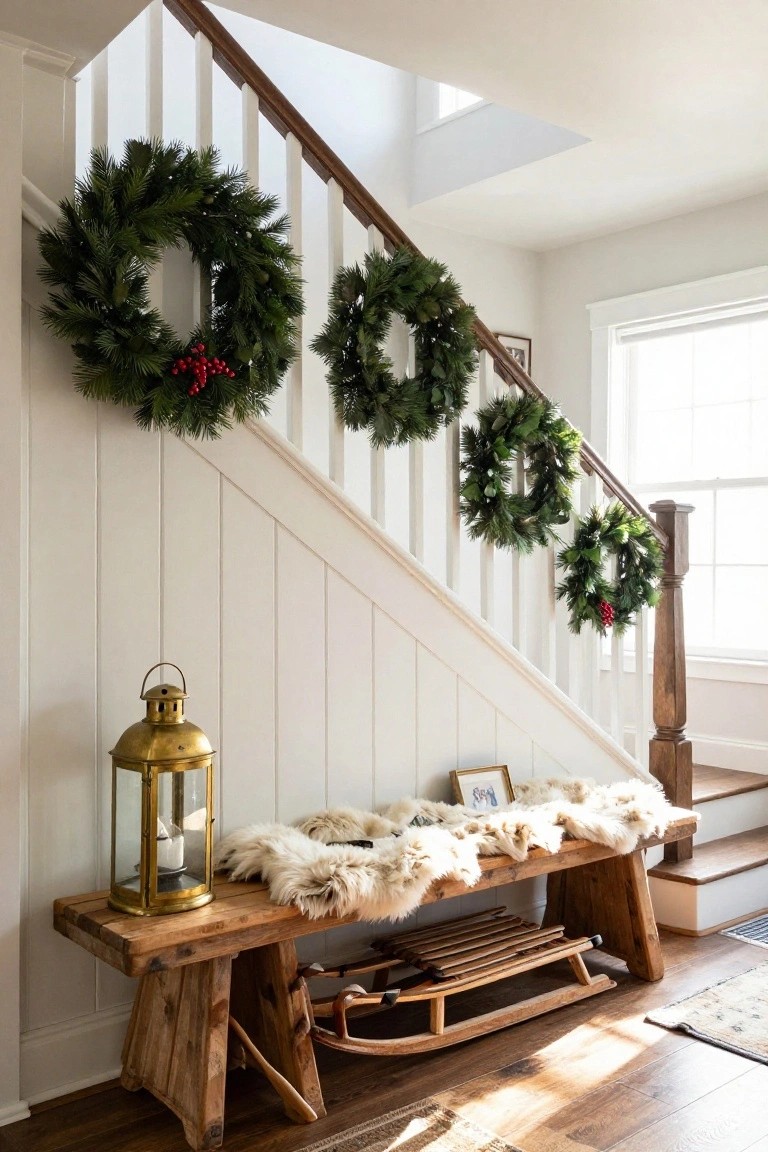 Corner of a light blue shiplap-walled bedroom with a hanging gray felt leaf wreath above a blue dresser nightstand holding pampas grass in a glass vase, next to a rattan bed with white bedding.