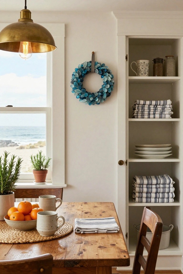 Kitchen with navy blue cabinets and door, lemon and eucalyptus wreath hanging on the glass door, white marble island, wooden stools, copper pots on wall rack, and brass faucet.