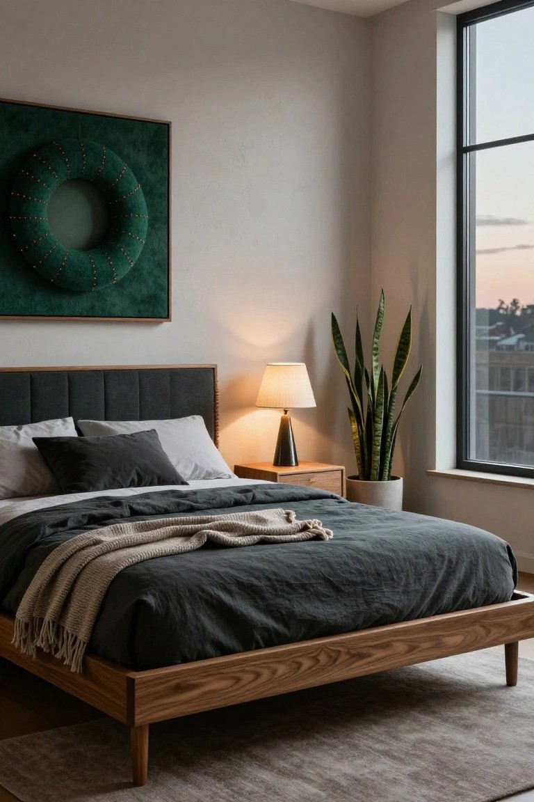Cozy nursery room corner with white crib, wooden bookshelves holding toys and books, white fluffy stool, wooden rocking horse on round seagrass rug, hanging plants, and wreath of white felt clouds and stars on wall next to window and lit wall sconce.