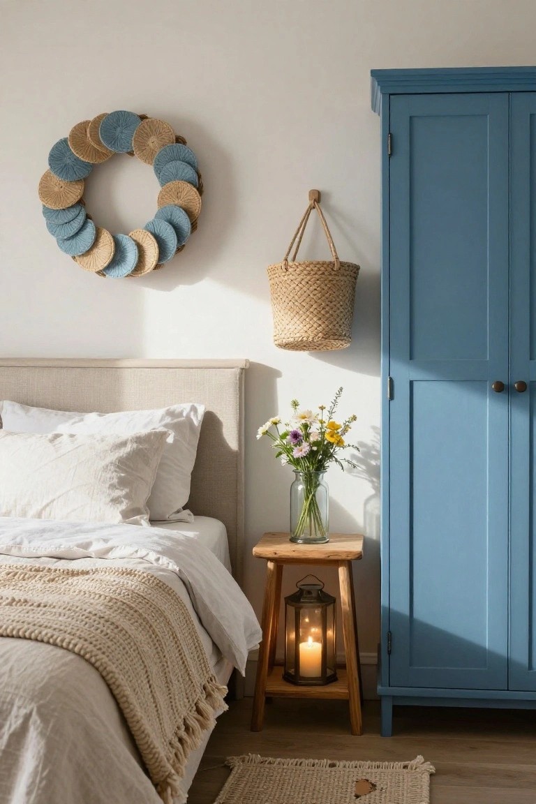 Light wood-paneled mudroom with a wreath made of wooden spoons on the wall above a pine bench holding boots, a wicker basket with clothes, draped scarves, coat hooks, a mirror, and a front door.