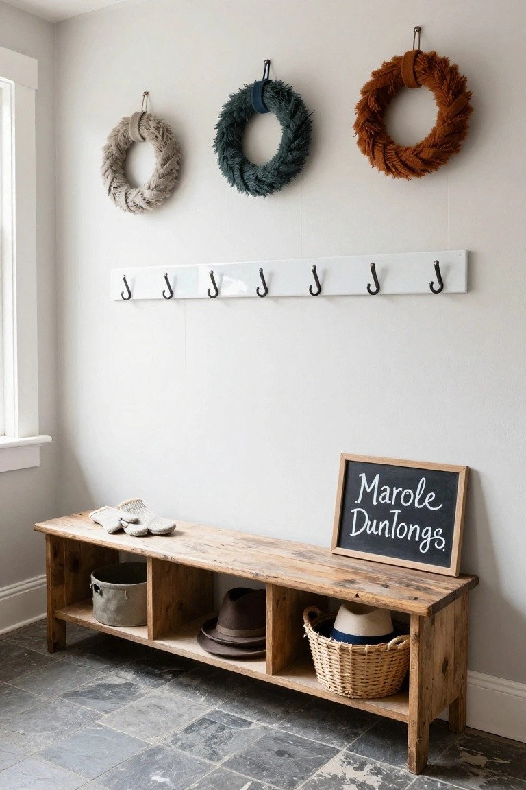 Close-up of a bathroom vanity area featuring green vertical paneled walls, a large round gold mirror, a white textured towel with orange pom poms and lace edges hanging from a brass hook, black hexagonal tile backsplash and countertop, black matte faucet, white sink, and brown glass soap dispenser.
