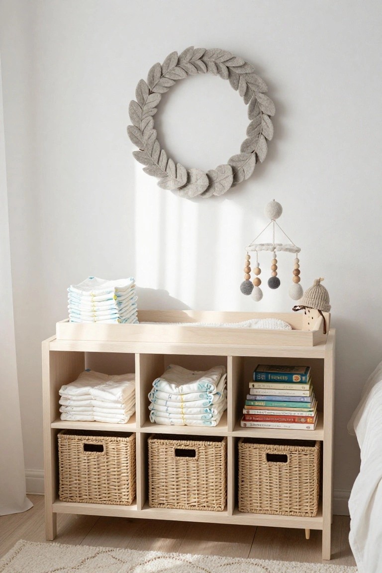 Modern bathroom corner with floating oak vanity and white sink, black faucet, round mirror with towel, double woven rattan wreath on wall, wooden shelf with succulent, black towel bar holding white towels, beige walls, white door, and patterned tile floor.
