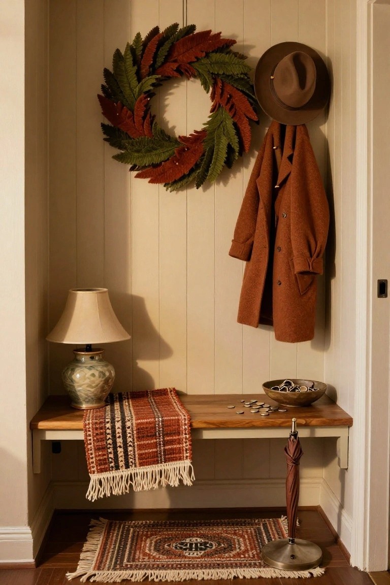 Gray wood bathroom vanity with white marble sink, brass faucet and towel bar holding a white towel, stacked white towels on open shelf below, colorful scallop wreath in frosted window, and brass wall sconce.