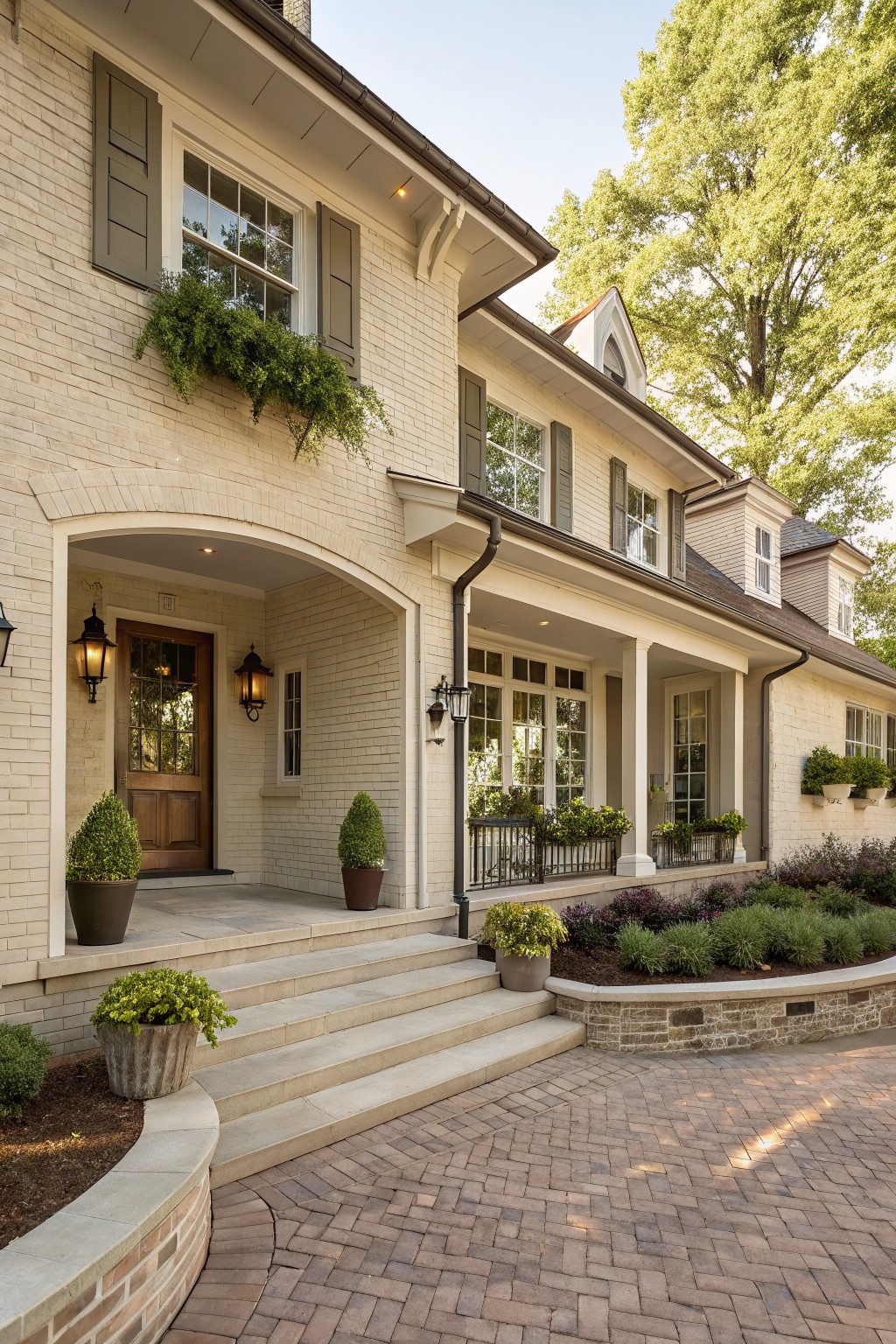 Light painted brick ranch house exterior with an arched porch entry, wooden door, lanterns, boxwood shrubs in pots, window boxes with plants, green shutters, and brick paver walkway edged by landscaping.